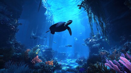 Fototapeta premium Underwater Scene with Sea Turtle and Vibrant Coral Reef Landscape
