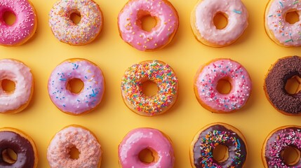 Colorful donuts arranged on yellow background, flatlay food photography for website