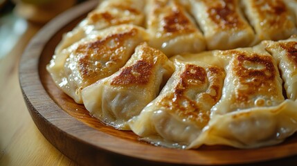 Top view of crispy pan-fried dumplings on a wooden plate