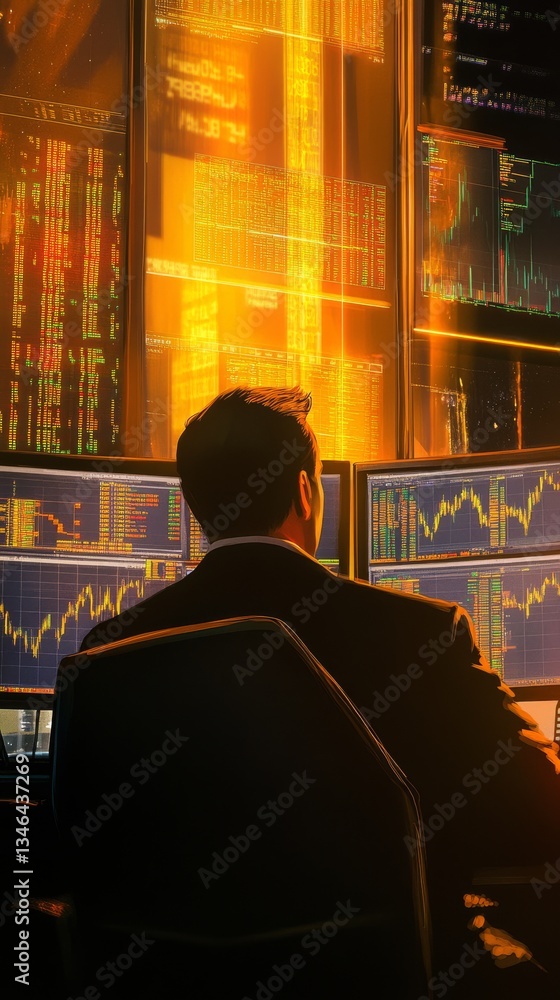 Poster a trader sits in a high-tech office analyzing market trends displayed on multiple glowing monitors. 