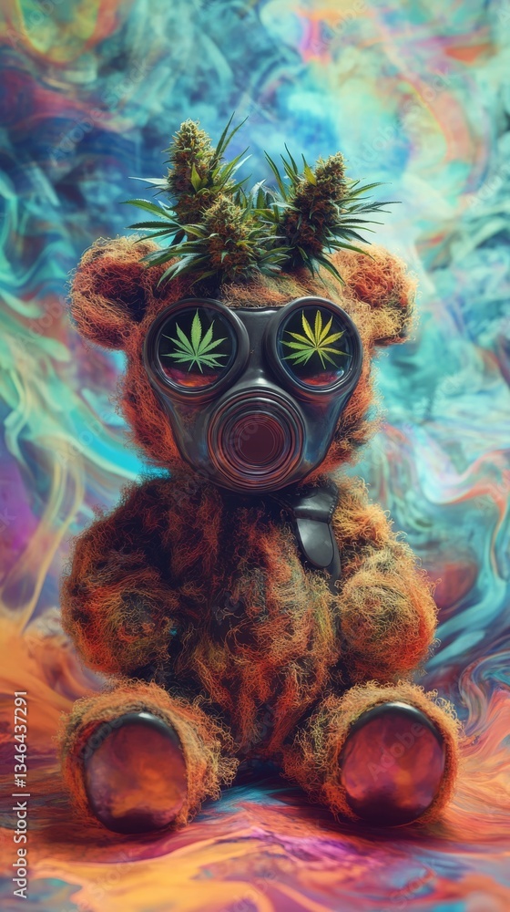 Poster a creative and abstract image of a fuzzy teddy bear adorned with cannabis plants and wearing a gas m