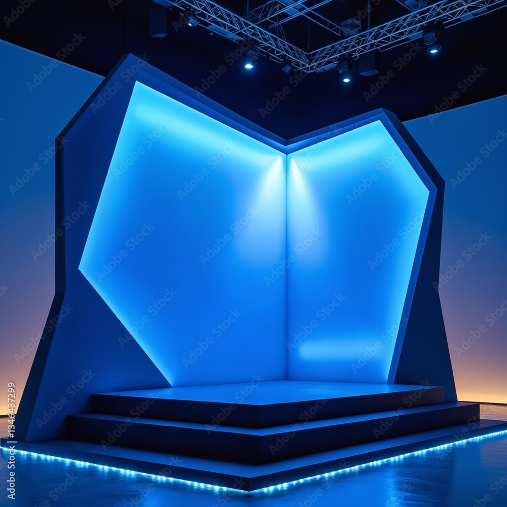 Poster futuristic blue geometric podium sleek minimal product display for advanced tech branding, digital m
