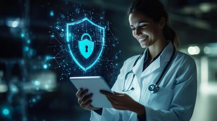 Smiling doctor using tablet with futuristic cybersecurity interface