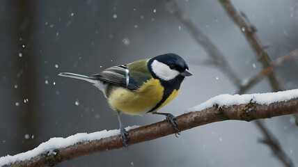 Fototapeta premium Great Tit Bird Perched on Snowy Branch During Winter Snowfall