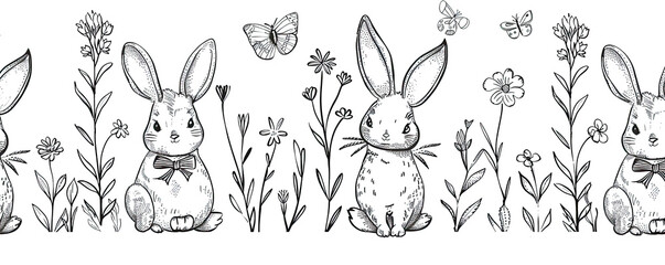 Easter doodle hand drawn coquette poster banner greeting card. Cute bunnies, bows and ribbons, flowers and leaves, basket, eggs. Cottagecore style. Vintage whimsical. Ai generated.