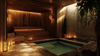 Fototapeta premium Serene Indoor Spa Retreat with Warm Wooden Elements and Soft Lighting