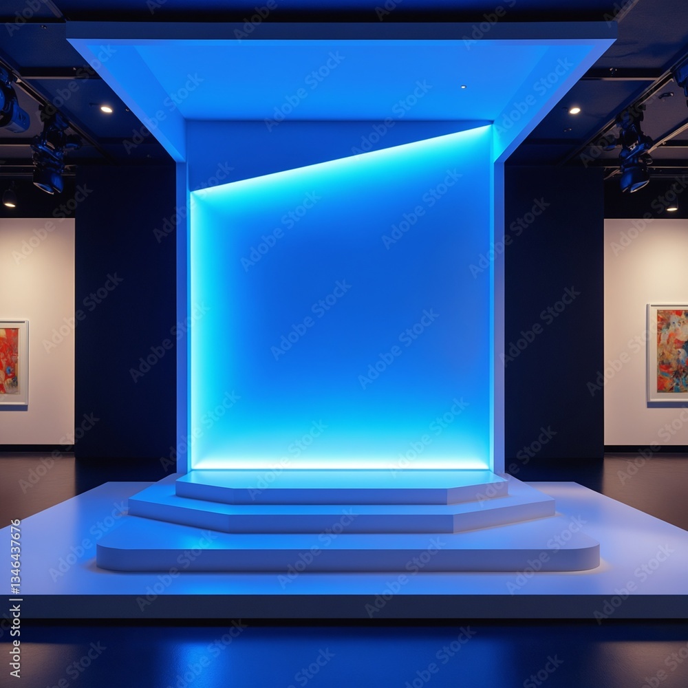 Poster futuristic blue geometric podium sleek minimal product display for advanced tech branding, digital m