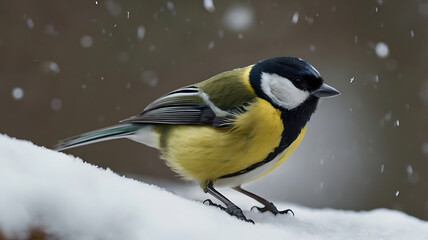 Obraz premium Great Tit Perched in Snow During Winter with Falling Snowflakes
