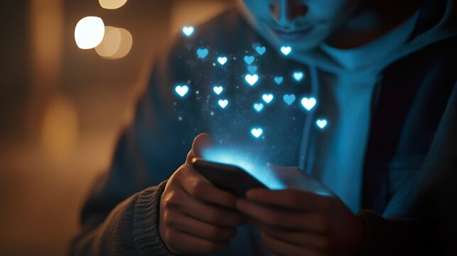Young man using smartphone with glowing social media heart icons