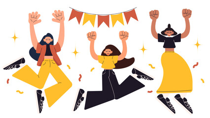Happy jumping people. Celebrating people. Enjoying life. Friendship success victory. Cartoon isolated vector illustration.