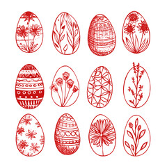 Fototapeta premium Easter doodle hand drawn coquette poster banner greeting card. Cute eggs, bows and ribbons, flowers and leaves, basket, eggs. Cottagecore style. Vintage whimsical. Ai generated