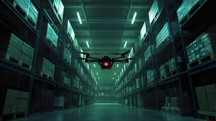 High-tech drone hovering in warehouse for inventory and surveillance