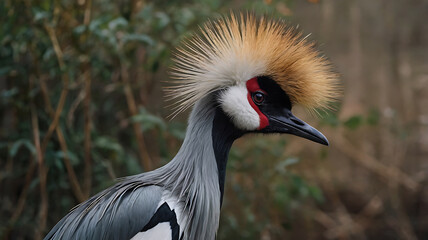 Fototapeta premium Grey Crowned Crane Portrait with Distinctive Feathers and Red Marking