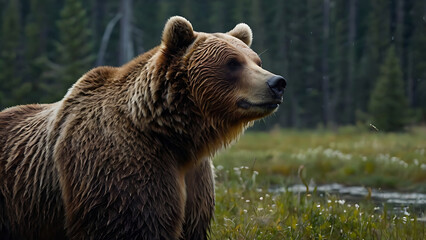 Fototapeta premium Grizzly Bear Portrait in Wild Meadow with Forest Background