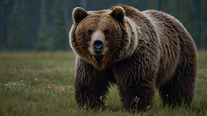 Fototapeta premium Grizzly Bear Standing in Grassy Field Surrounded by Evergreen Trees