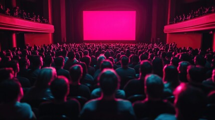 A captivating scene of a large crowd of people eagerly waiting for a film to begin in a darkened richly lit theater  The audience is filled with a palpable sense of anticipation and excitement