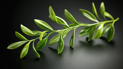 Obraz premium Lush green sprig, dark background, studio shot, botanical illustration, nature design