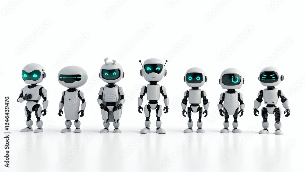 Aufkleber a line of adorable robots with glowing eyes standing together. They are designed in different styles. They are standing in a row