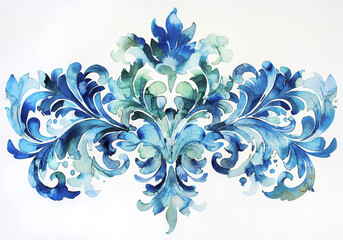 Vintage baroque style curling leaves art design element, ornate decorative motif invitation stationery element. Blue watercolor decorative ornament pattern isolated on a white background.