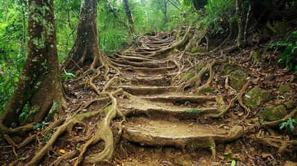 Obraz premium Winding Nature Trail with Exposed Tree Roots and Lush Greenery