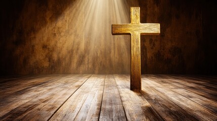 Naklejka premium Wooden Cross Surrounded by Dramatic Light in a Rustic Setting