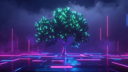 A futuristic cyber tree with neon blue and green lights on a dark sci-fi background