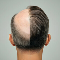 Fototapeta premium Hair losing man hair loss treatment background PRP Advertisement No More Bald Spots Hair Loss