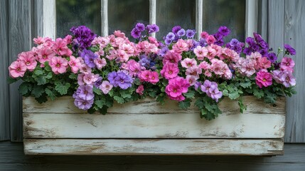 Fototapeta premium Vibrant flower box overflowing with pastel blooms