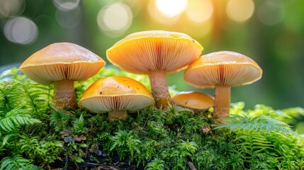 Fototapeta premium Four mushrooms in a mossy forest setting