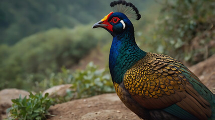 Obraz premium Himalayan Monal Pheasant Standing Calmly in Natural Mountain Habitat Portrait