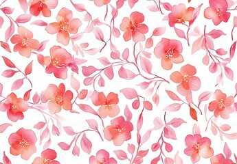 Fresh coral pink watercolor floral seamless pattern, delicate spring blossoms with branches in light romantic print design.