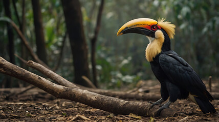 Hornbill Bird Perched on Branch in Lush Green Forest Habitat