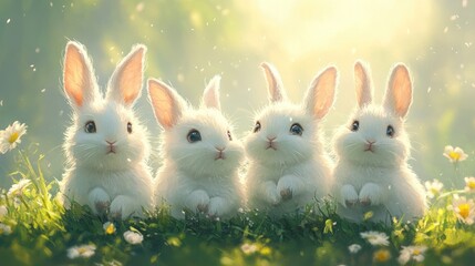 Obraz premium Four white bunnies sitting in sunny meadow, daisies blooming, spring background, Easter card