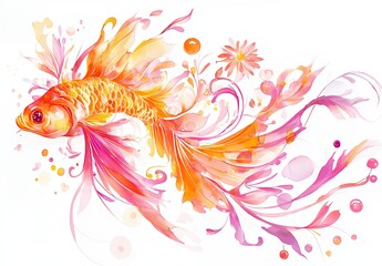 Oriental goldfish watercolor painting isolated on a white background, Vibrant orange and pink goldfish with flowing splashes in Modern Asian style art Illustration.
