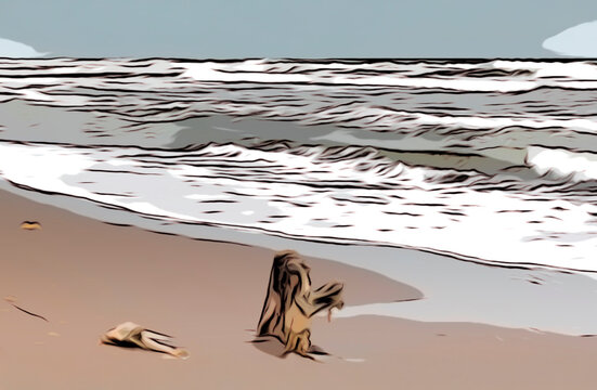 comic o dibujo de una orilla del mar en una playa con peque&ntilde;as olas, arena horizonte y cielo y un tronco en la arena