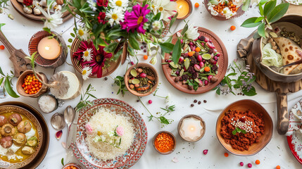Festive celebration table setting with a variety of delicious, traditional foods, fresh flowers, and warm candles