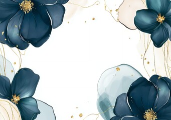 Luxurious navy blue watercolor floral gold foil border design.Elegant modern flowers with golden accents art frame template.