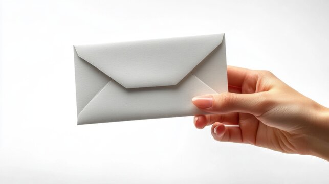 Hand holding a large envelope on a white background. Concept of communication, mail and communication