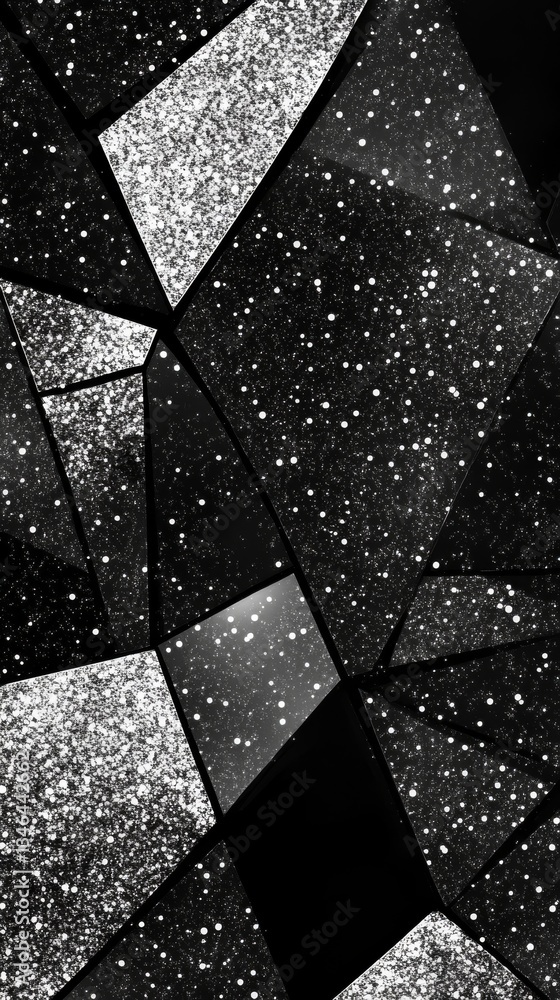 Poster an abstract composition featuring geometric shapes in black and white, speckled with glitter texture