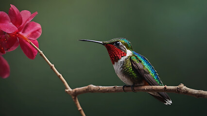 Hummingbird Perched on Branch with Pink Flower in Natural Setting