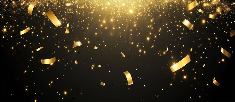 Golden confetti and sparkling lights falling on a dark background