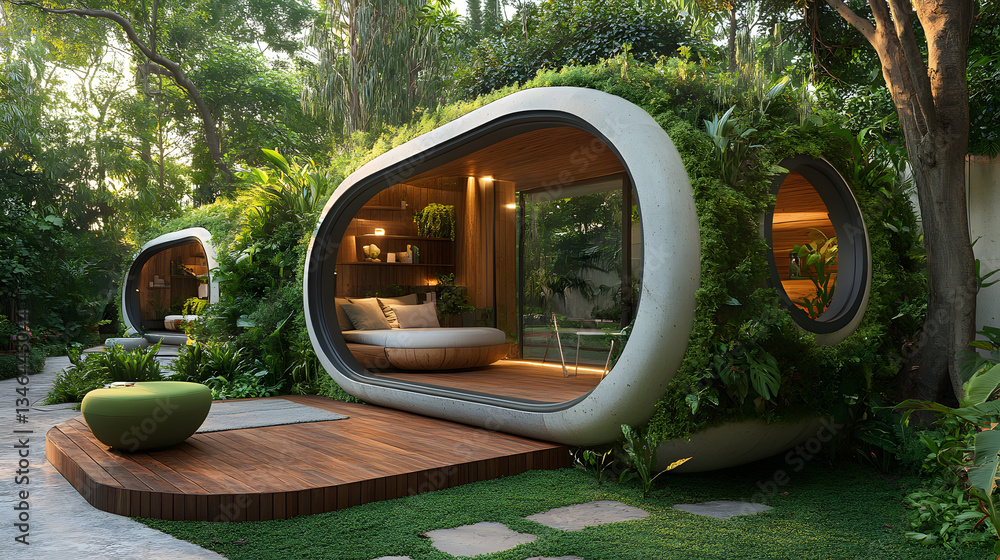 Poster a modern, eco-friendly home design featuring rounded structures surrounded by lush greenery, blendin