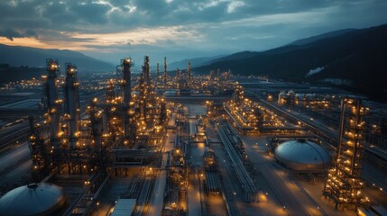 Fototapeta premium Aerial view of a large industrial complex at dusk, brightly lit with yellow lights. Showcasing energy, manufacturing or chemical processing themes in an industrial area.