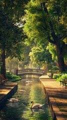 Scenic view of a tranquil park canal surrounded by tall green trees and benches. Graceful swans swim through the calm water, with a picturesque bridge in the background, evoking serenity and natural