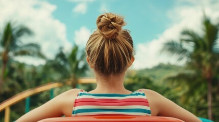 Exhilarated young woman with hair in a bun enjoying the thrill of riding a roller coaster set against a lush tropical background with palm trees