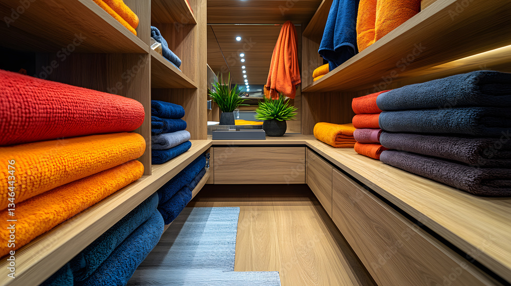 Poster a neatly organized storage area displaying vibrant towels in various colors, complemented by decorat