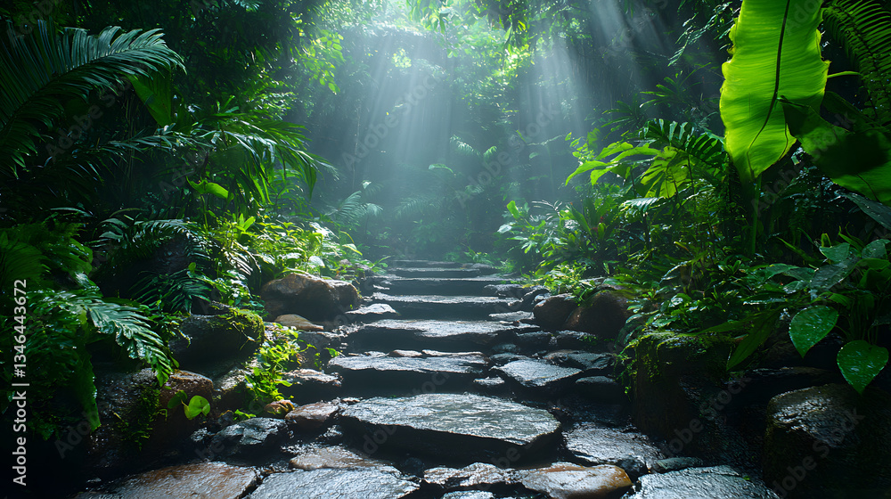Poster A serene forest path illuminated by sunlight filtering through lush greenery, creating a tranquil and inviting atmosphere