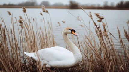 Elegant swan by lake, reeds, misty autumn, nature scene