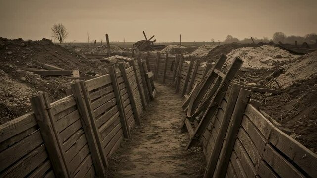 World War I trench warfare reenactment: Sepia-toned video of wooden trenches. Memorial Day tribute to fallen soldiers. Historical education resource.