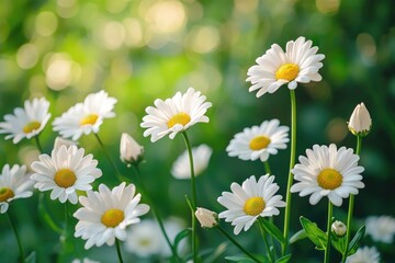 Fototapeta premium White daisies with yellow centers blooming in a bright garden